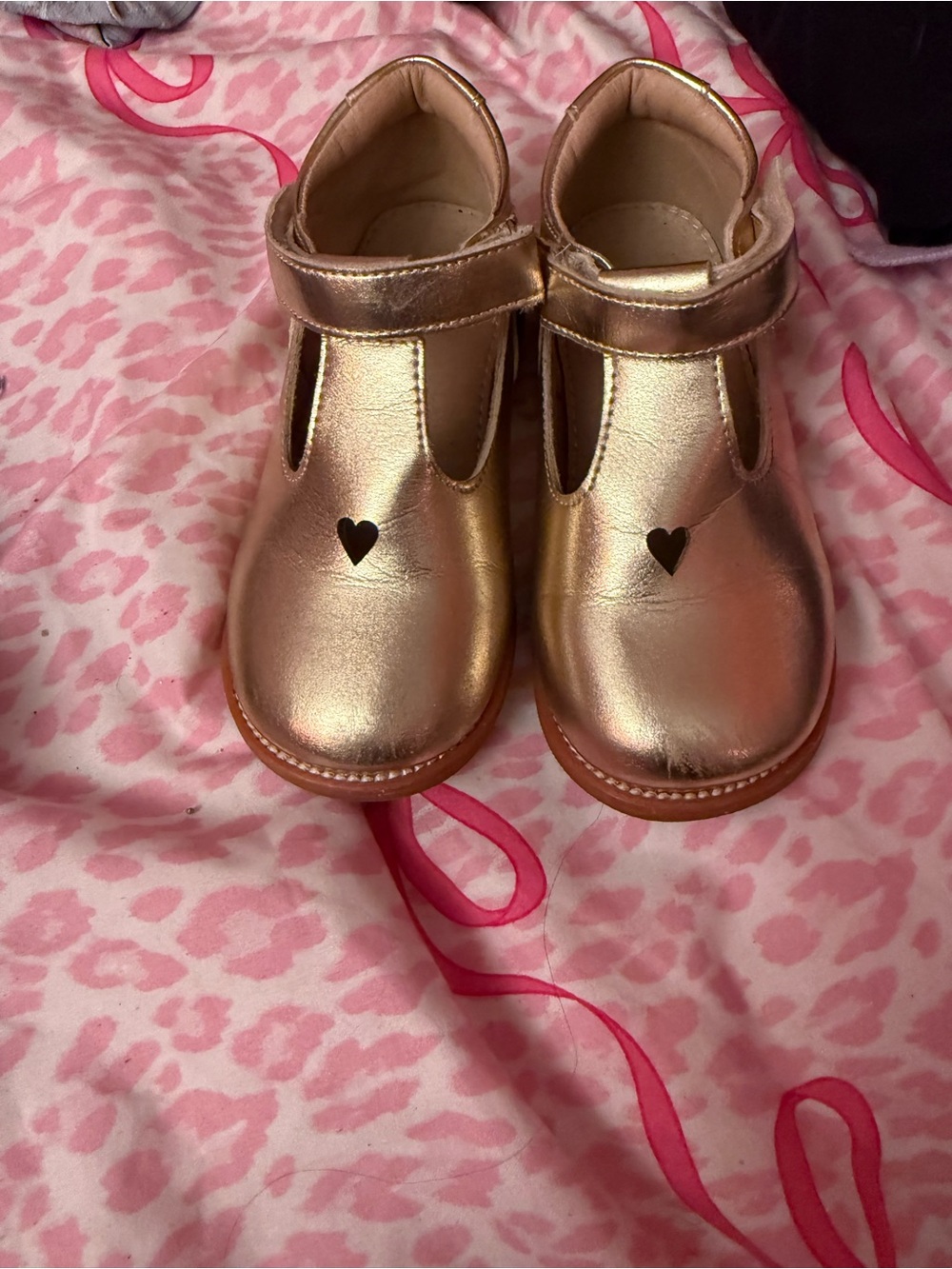 Girls Metallic Rose Gold T-Strap Heart Detail Dress Shoes